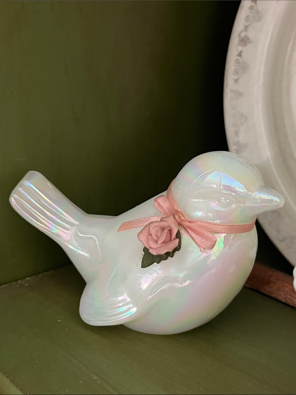 Fenton Iridescent Bird Figure, Vintage Luster Ware Bird with Rose ribbon